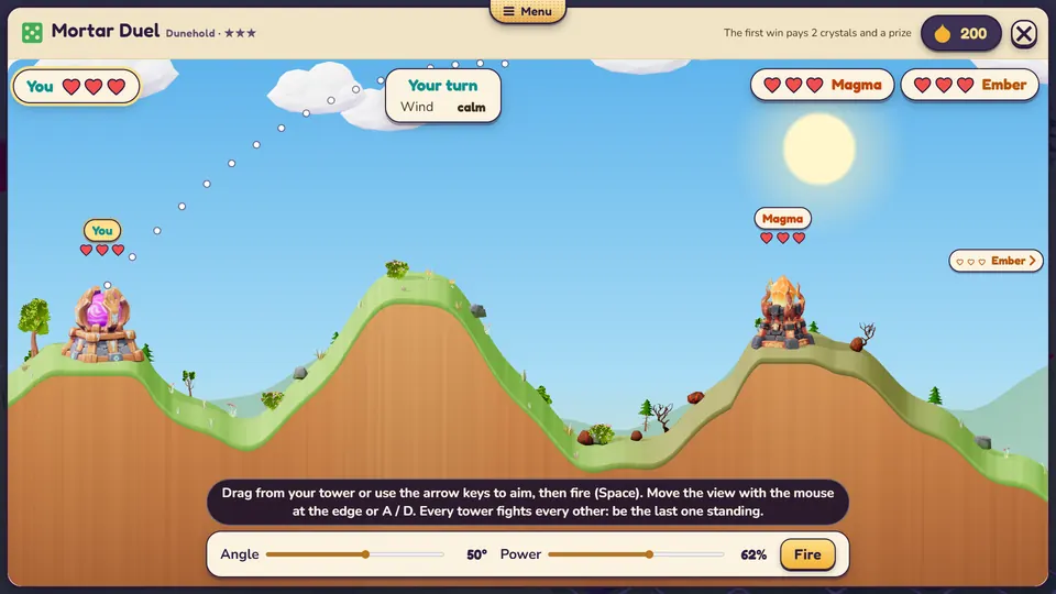 Mortar Duel: Angle, power, wind: lob your shots over the hills.