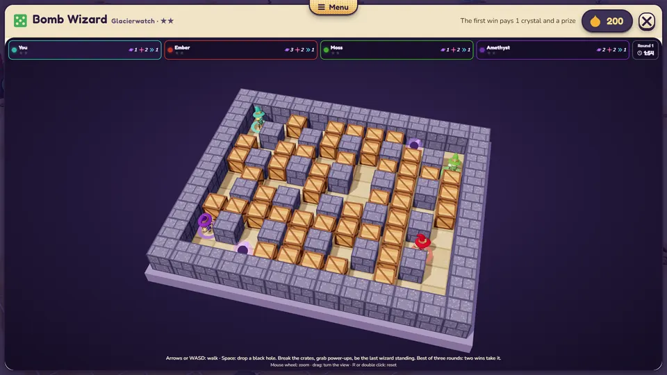 Bomb Wizard: Blast through a maze of crates, last wizard standing wins.