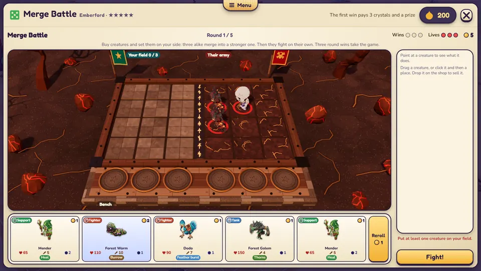 Merge Battle: Buy creatures, merge three into a stronger one, let them fight.