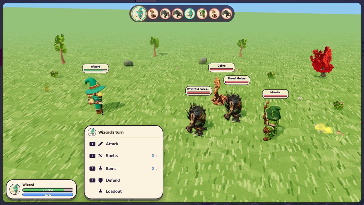A road camp battle: Turn by turn: attack, spells, items, defend